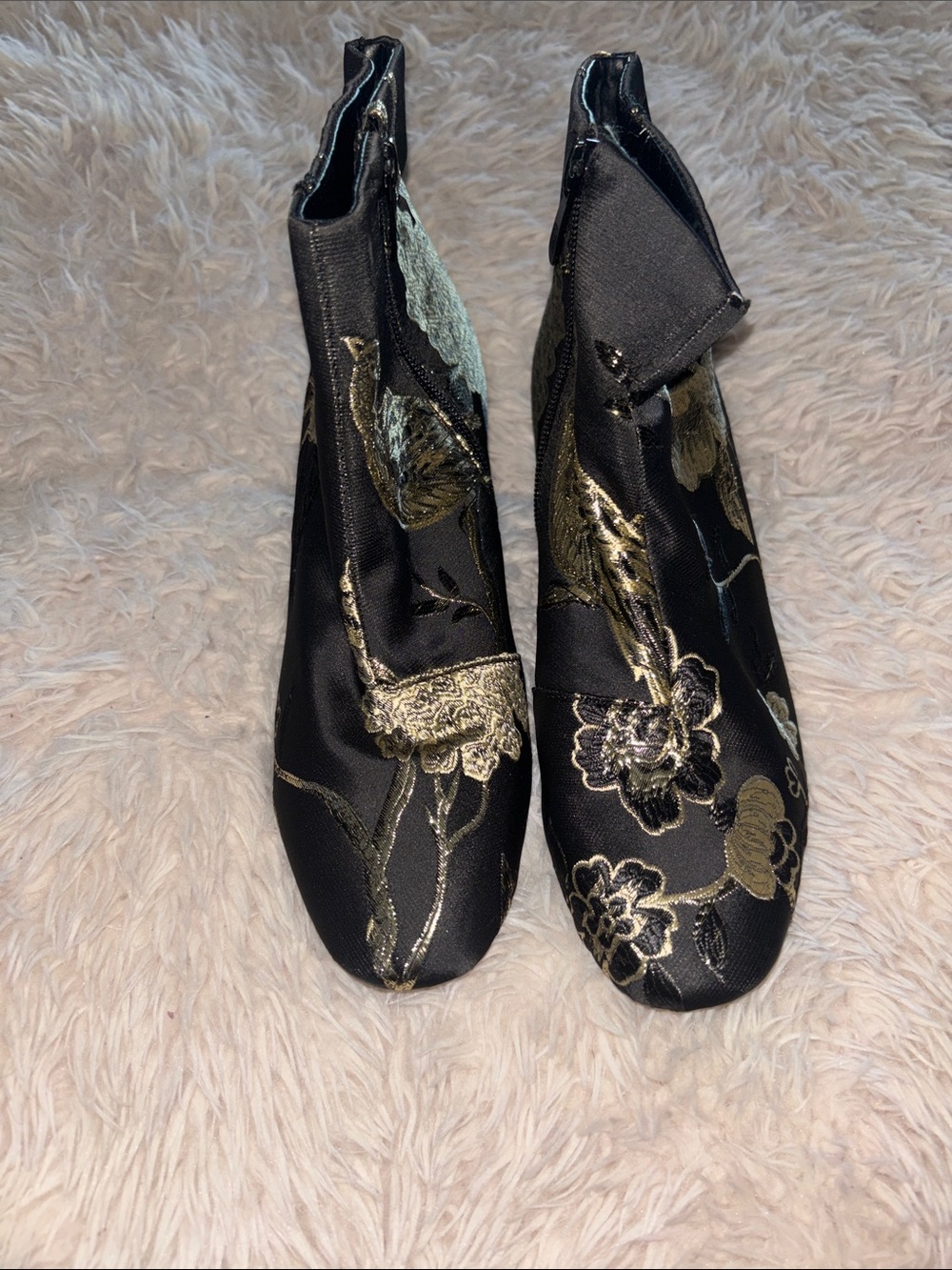 Black Floral Embroidered Ankle Booties with Gold Accents